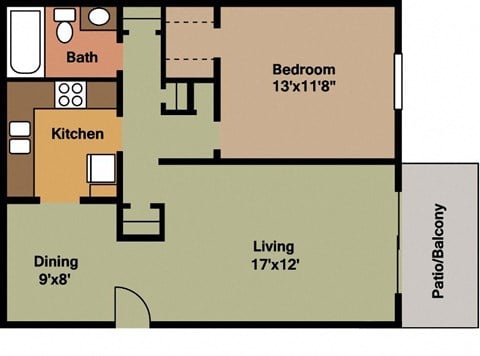 Floor plan for 1 bed, 1 bath, 750 sqft